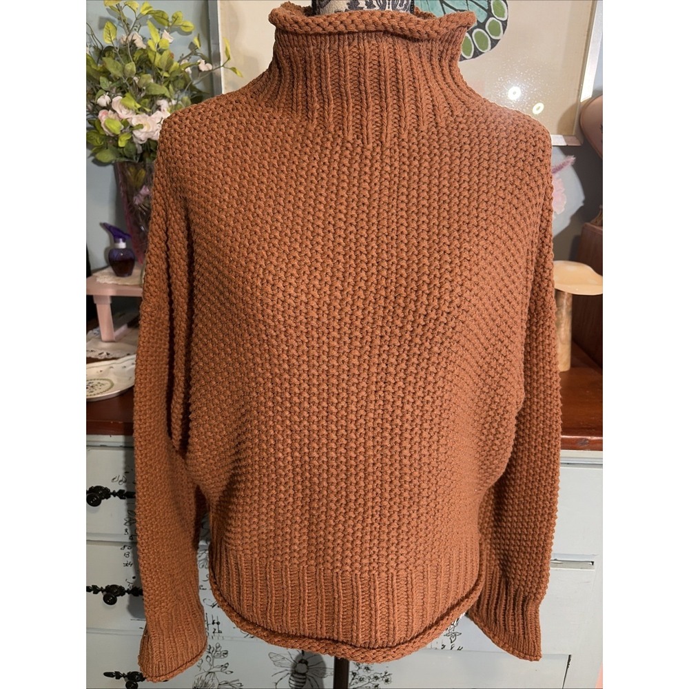 She + Sky Chunky Knit Sweater Sz Large. 100% Cotton Burnt Orange. Boho. Earthy
